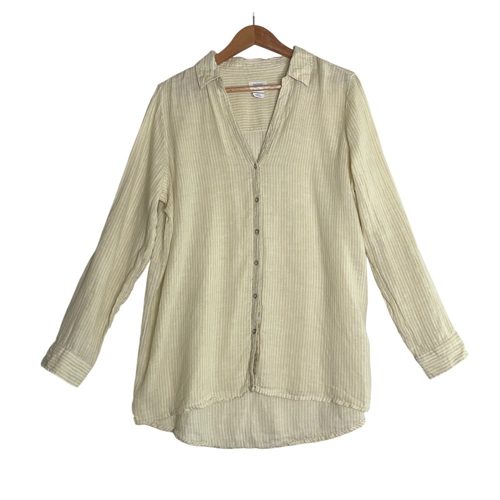 Sigrid Olsen Button Up Shirt‎ 100% Linen Yellow White Railroad Stripes Casual L